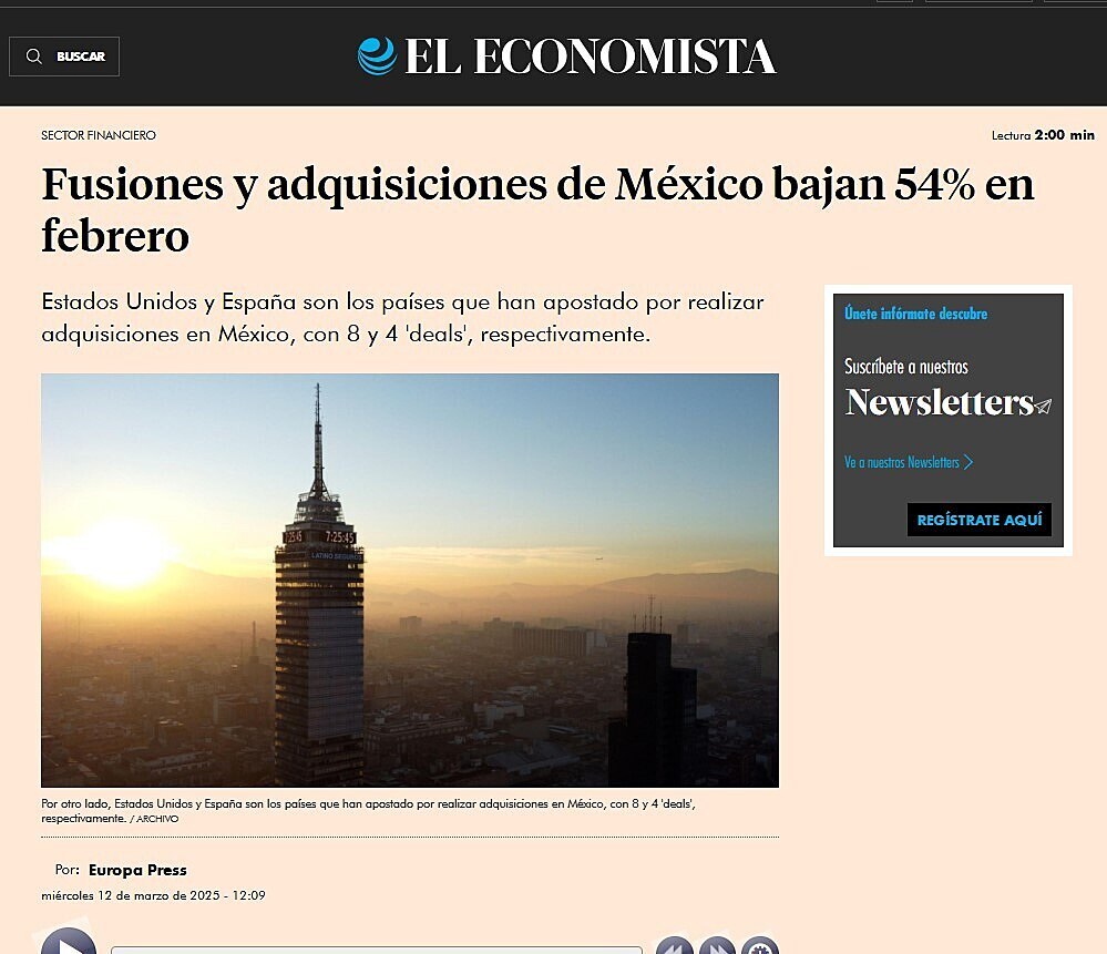 Fusiones y adquisiciones de Mxico bajan 54% en febrero